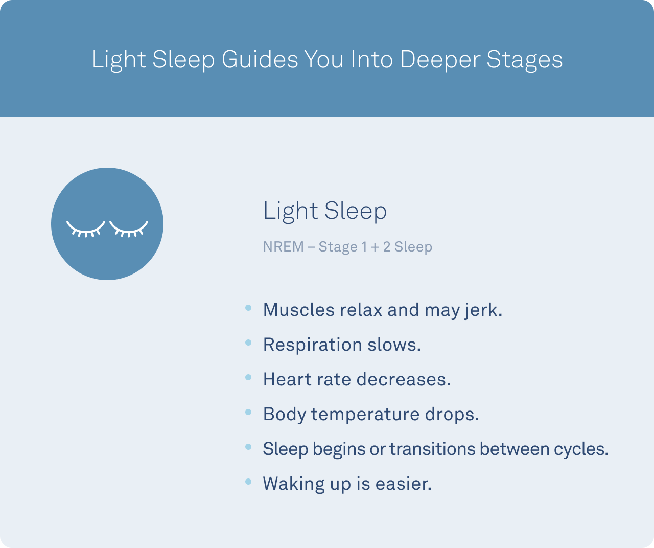 During light sleep, your respiration slows, your heart rate decreases, your body temperature drops and waking up is easier.