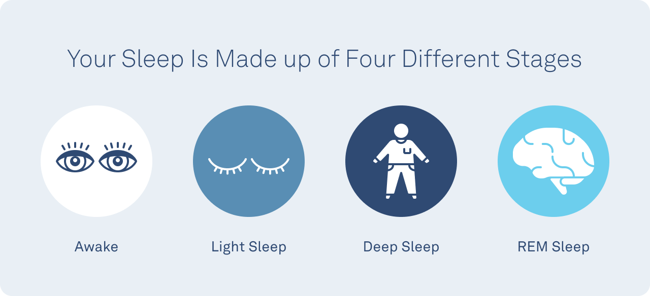 4 stages of sleep: awake, light sleep, deep sleep, and REM Sleep.