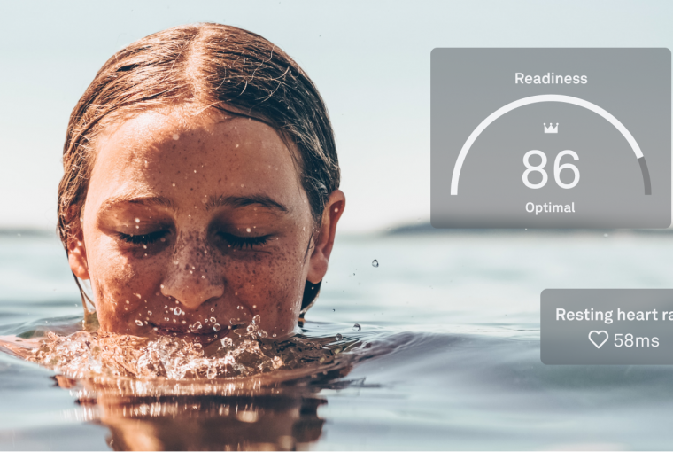 A woman swimming with an image of the readiness score.
