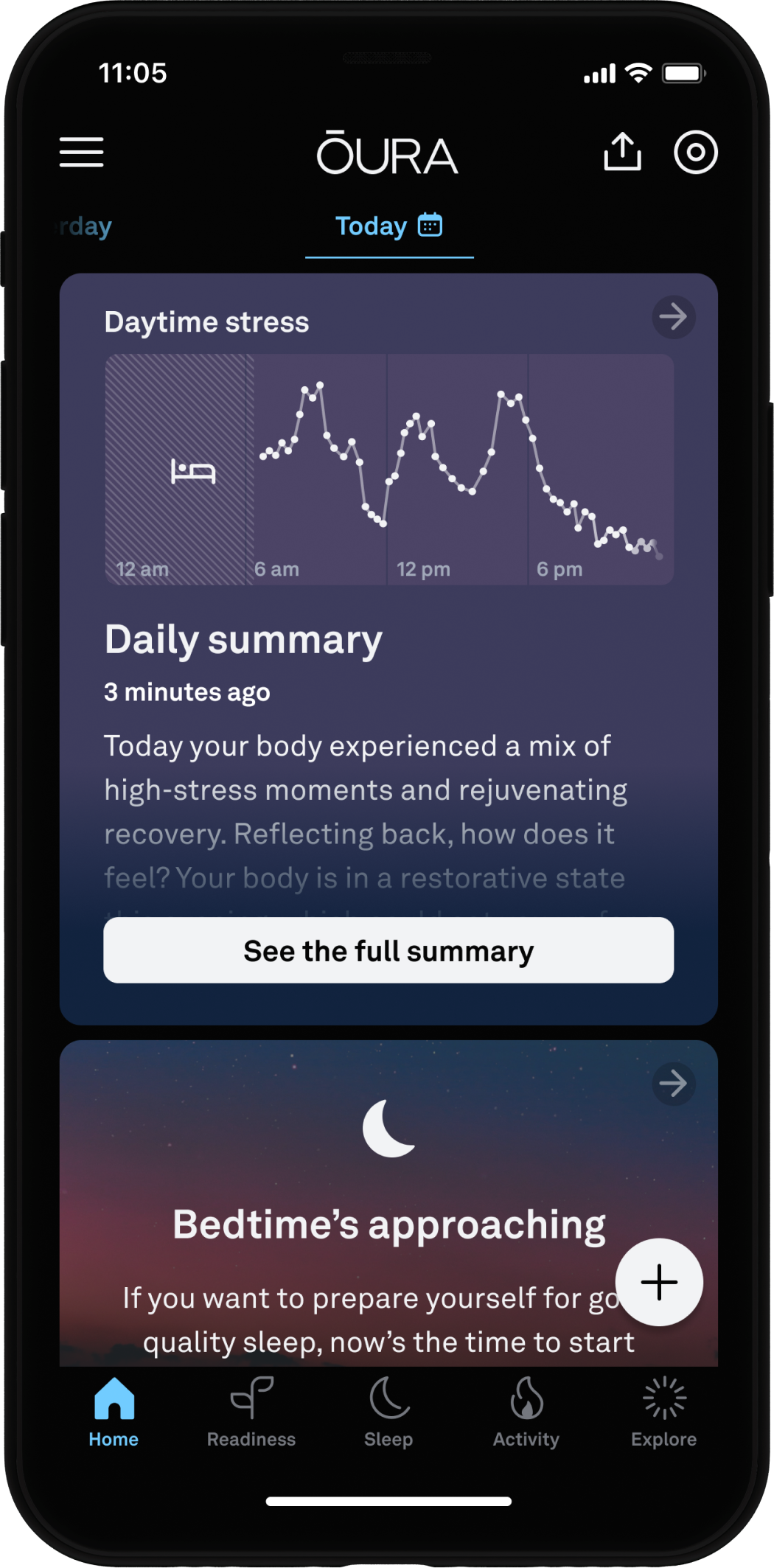 Oura App Home View: Stress Feature Evening Summary