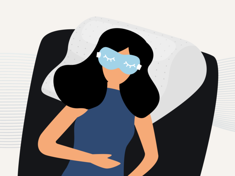 Woman lying in bed with eye mask: Best sleeping position for neck pain